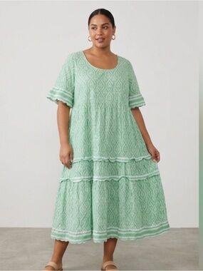 Adrift Australia Green Cotton Block Printed Tiered Maxi Dress size 3X